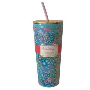 Lilly Pulitzer Aqua La Vista Pink Green Double Wall Tumbler Lid  Straw NEW
